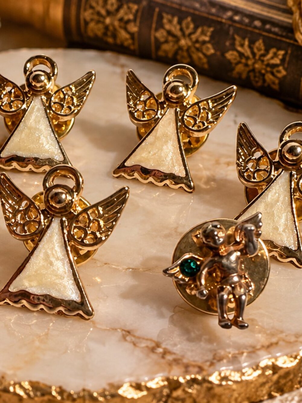 Set of 8 Gold Tone Angel Pins with White Enamel + Bonus Angel Pin
